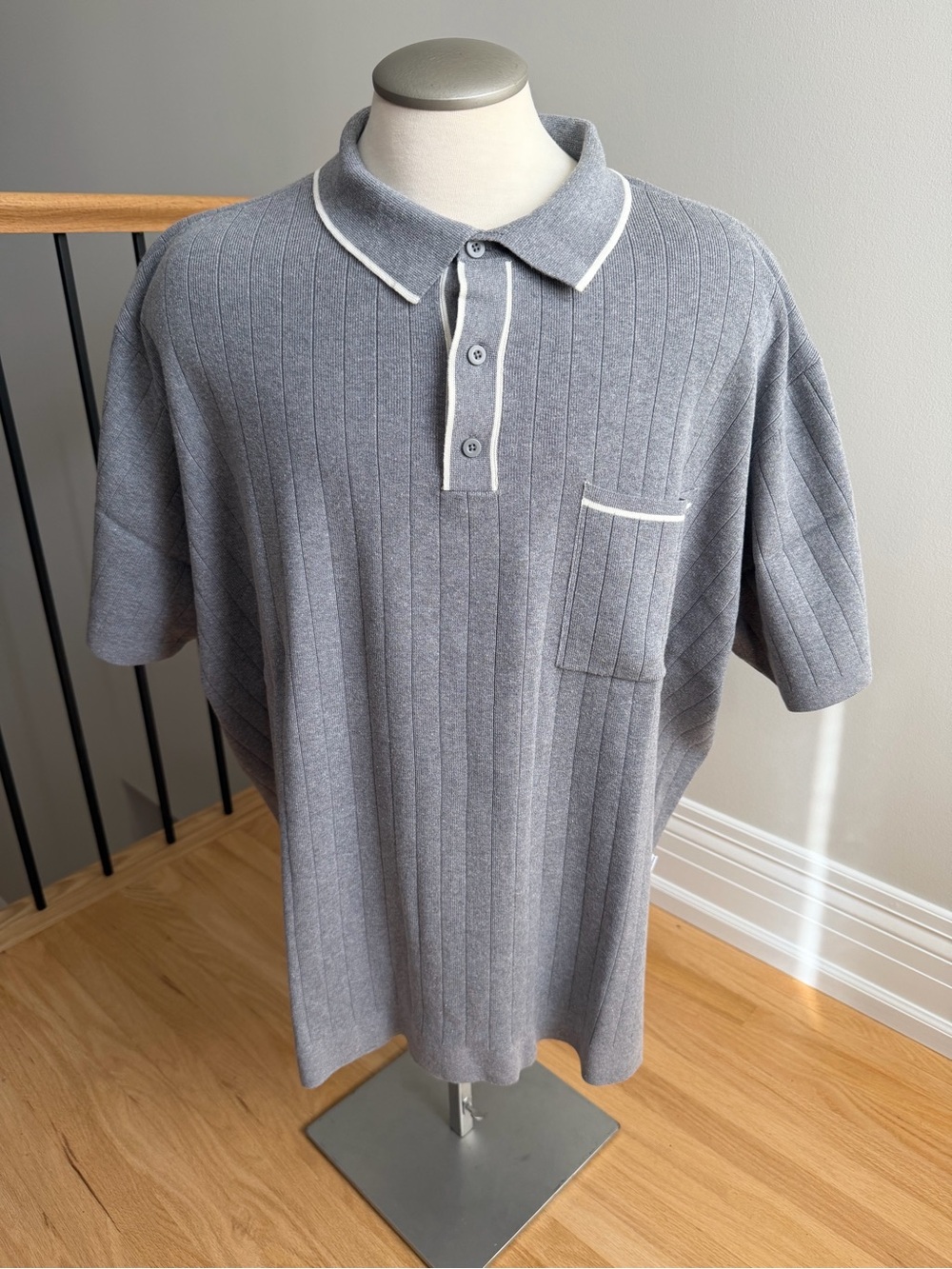 Men's Grey Ribbed Knit Polo with White Contrast Trim